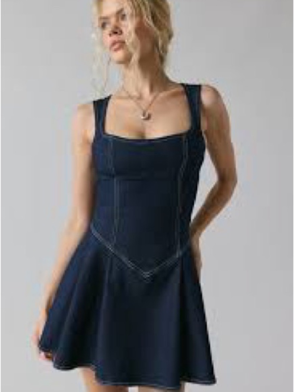 Urban Outfitters Leah Denim Pleated Open Back Drop Waist Mini Dress